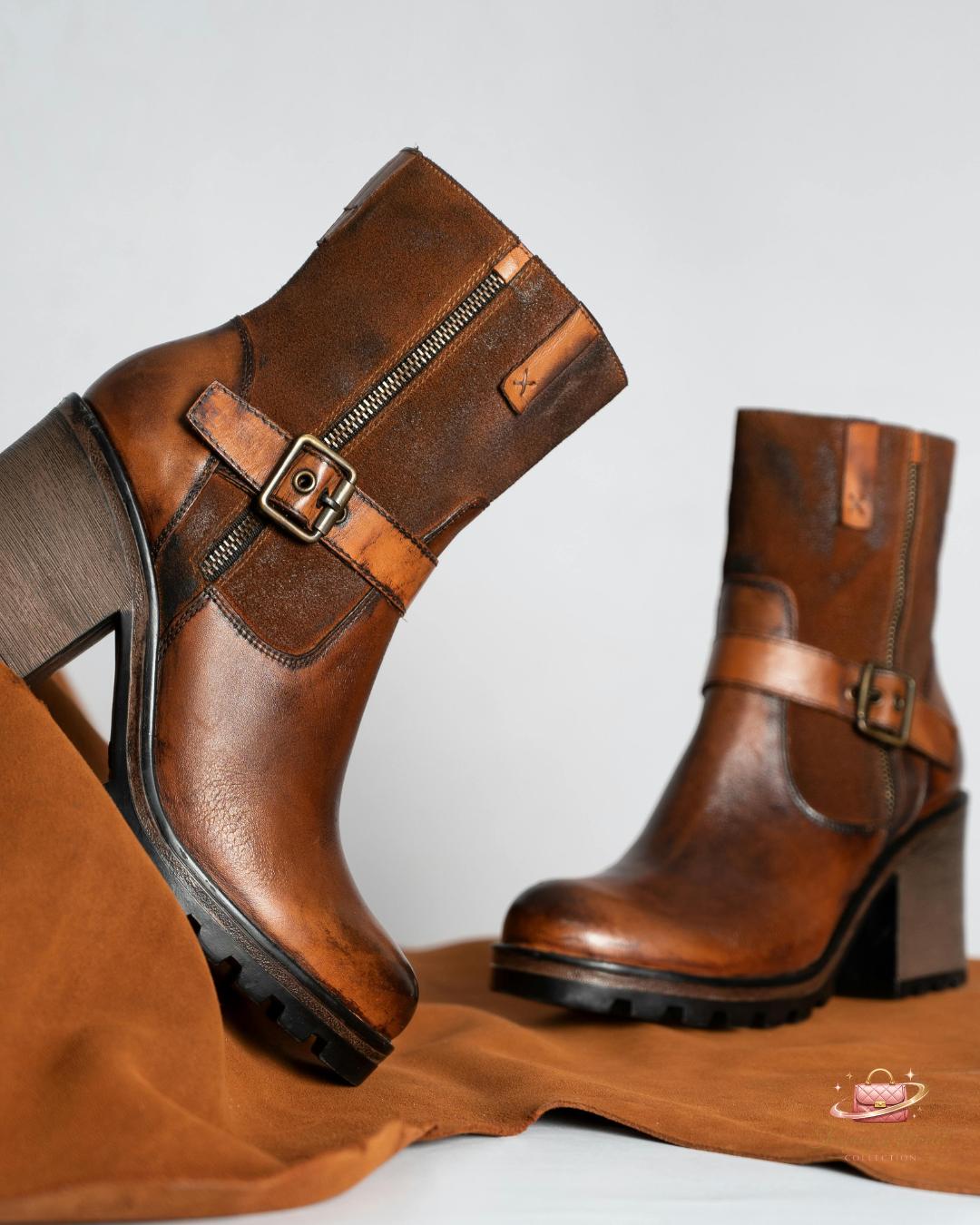 Brown Mid-Calf Buckle Boots